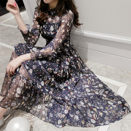 MSSEFN春装新款时尚韩版修身连衣裙淑女气质印花打底裙女装图片