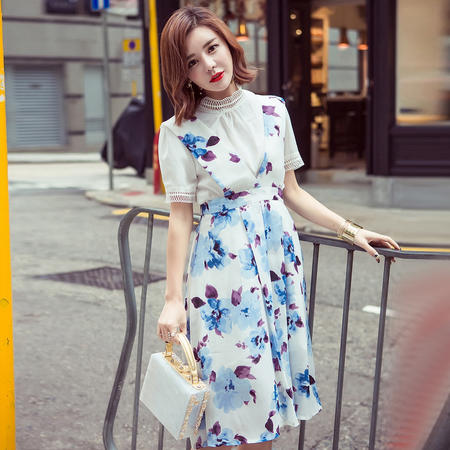 MSSEFN新款韩版连衣裙套装夏季短袖上衣印花背带裙两件套图片