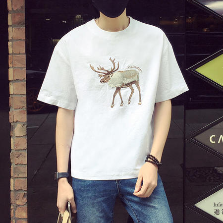 MSSEFN夏装新款男生小鹿图案短袖T恤