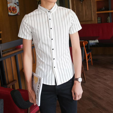 MSSEFN港男夏季新款男士条纹衬衫韩版修身短袖衬衫男半袖图片