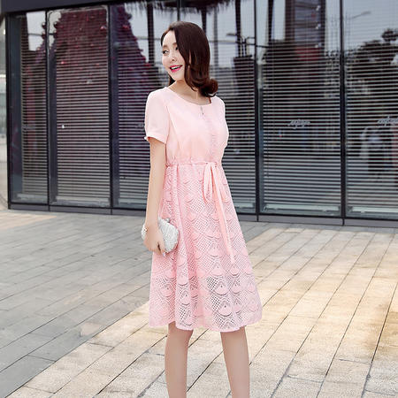 MSSEFN收腰圆领2016年夏季短袖纯色蕾丝中长款连衣裙图片