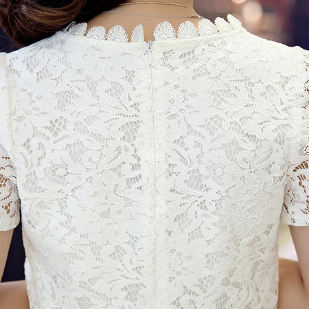 MSSEFN中长款圆领短袖纯色镂空蕾丝连衣裙2016年夏季图片