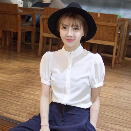 mssefn夏季韩版新品泡泡袖简约百搭女衬衫图片