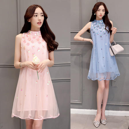 mssefn2016夏季新品韩版半立领修身显瘦亮片甜美雪纺连衣裙仙图片