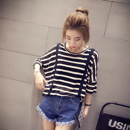 mssefn韩版夏季短袖清凉女士短款t恤蝙蝠袖宽松学生条纹T恤图片