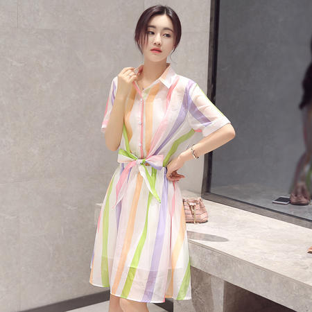 MSSEFN 2016夏季韩版新款女装翻领短袖条纹修身套头连衣裙