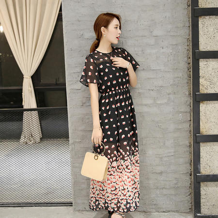 MSSEFN 2016夏季韩版圆领短袖长款印花修身连衣裙图片