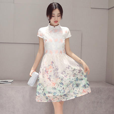 MSSEFN 2016夏季女装新款时尚立领短袖复古优雅印花连衣裙
