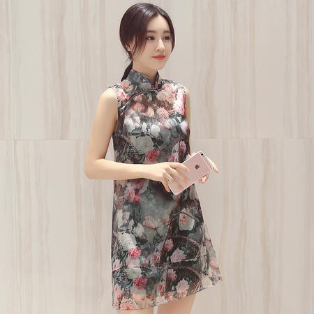 MSSEFN 中国风 夏季无袖复古旗袍式修身连衣裙