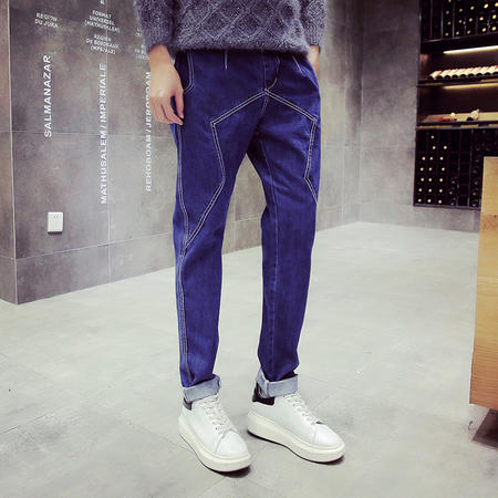 mssefn2016秋季新款68个性波浪设计休闲牛仔长裤