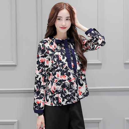 mssefn2016韩版秋季印花时尚修身九分袖圆领小香风衬衫