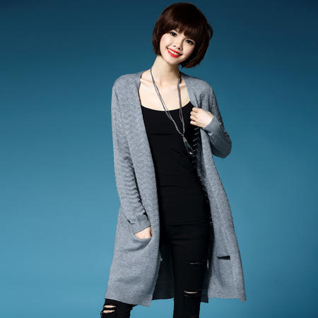 mssefn2016韩版秋季纯色时尚修身宽松长袖V领针织开衫长款毛衣图片
