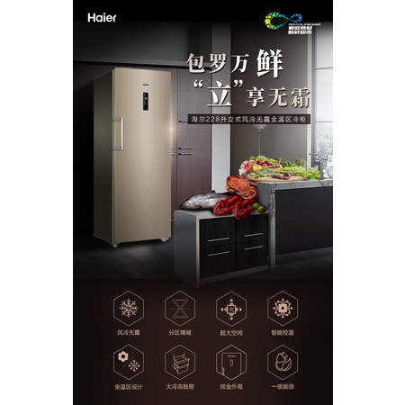 海尔/Haier BD-228WL 立式冷柜风冷无霜健康杀菌电子温控超强冻力