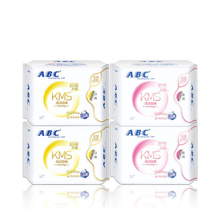 ABC 卫生巾纤薄棉柔表层日用240mm8片夜用280mm8片组合4包 清凉舒爽