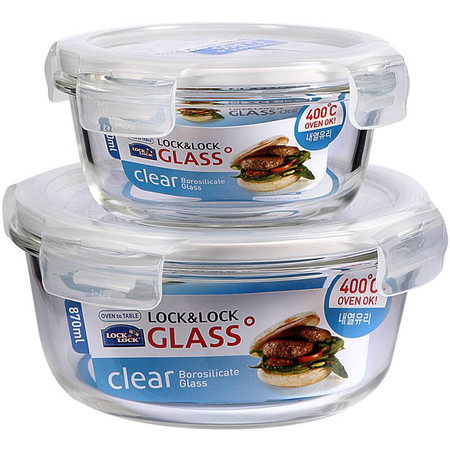 乐扣乐扣 耐热玻璃保鲜盒 便当盒两件套装 微波烤箱饭盒（380+870ML）LLG855S013PR