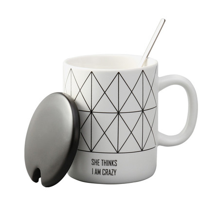 贝瑟斯 欧美风陶瓷水杯马克杯带盖带勺 网格条纹可选420ml图片