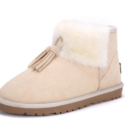 IVG新款澳洲冬季雪地靴女子真皮流苏套筒短靴平跟兔毛保暖鞋
