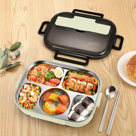 密封便携式饭盒  便当盒 分格型 五格 餐盘+餐具+汤碗（中）1500ML