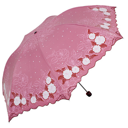 天堂伞 UPF50+凝脂绸黑胶丝印大花绣边三折铅笔晴雨伞太阳伞 30039ELCJ图片