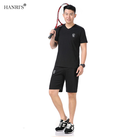 瀚瑞(hanris)男士V领运动套装短袖短裤鸡心领休闲运动服LJ890