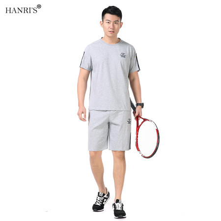 瀚瑞(hanris)薄款运动跑步服男士短袖短裤运动套装休闲套头套装LJ316图片