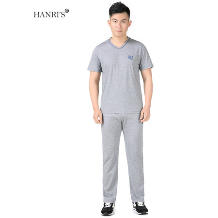 HANRI＇S/瀚瑞男运动套装大码短袖长裤休闲运动服薄款V领t恤LJ687图片