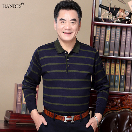 瀚瑞(hanris)条纹男士长袖T恤翻领薄款男装宽松体恤衫WYM603-1图片