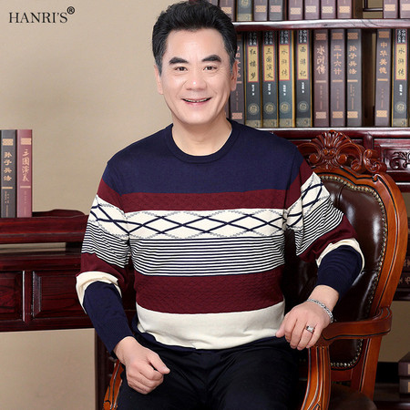 瀚瑞(hanris)男士圆领条纹长袖休闲针织衫套头时尚男装撞色潮流打底衫WYM603-2