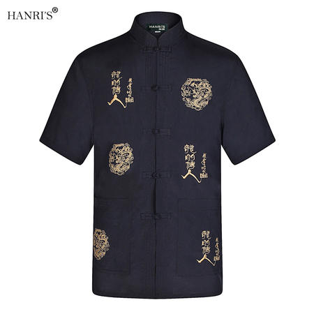 瀚瑞(hanris)男士唐装短袖夏季汉服中国风龙上衣盘扣中式民族服装ZJP唐装