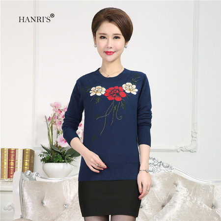 瀚瑞(hanris)新款女士绣花圆领套头针织衫休闲打底衫上衣FAF-M606 M607图片