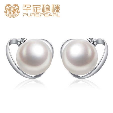 千足珍珠 緈靓 扁圆光洁强光7-7.5mm淡水珍珠银耳钉耳饰