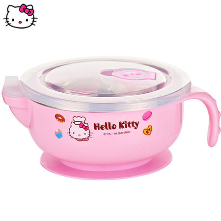 正品Hello Kitty儿童手柄吸盘碗不锈钢宝宝饭碗保温注水碗图片