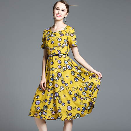 施悦名夏季新款 欧美时尚 抽象印花气质修身连衣裙