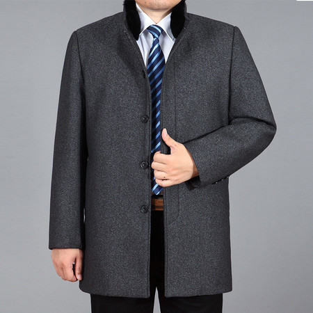 汤河之家冬季新款男士大衣中长款羊绒保暖毛领呢子外套中老年休闲毛呢风衣