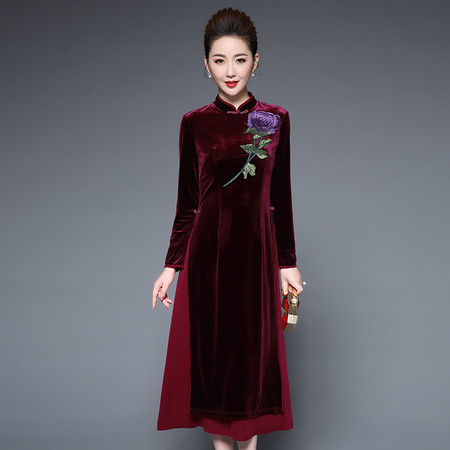 施悦名新款高档女装改良旗袍款中国风花朵刺绣假两件开叉长裙图片