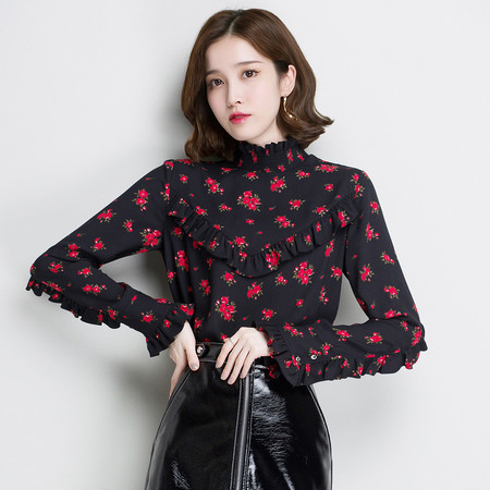 施悦名韩版2018春季新款印花雪纺衫立领修身女衬衫图片