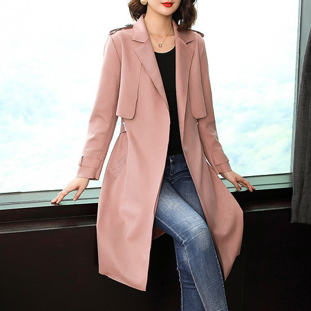 施悦名女装2018秋冬新款 麂皮绒系带收腰显瘦中长款粉色风衣外套