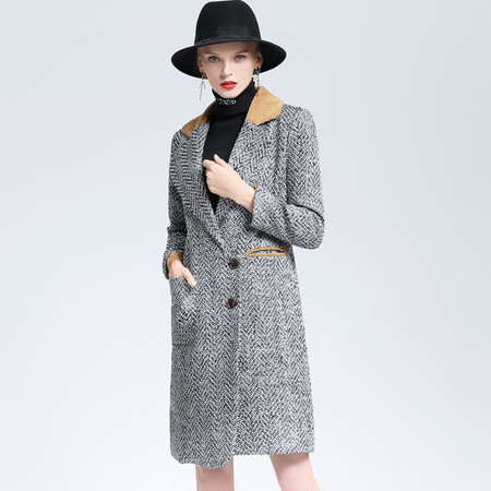施悦名2018秋冬新款女装 时尚修身显瘦西装领中长款羊毛呢子风衣外套 女图片