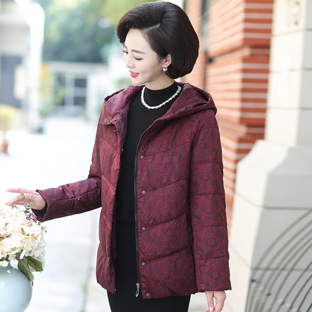 洋湖轩榭妈妈装冬装短款加厚白鸭绒羽绒服中老年女装印花时尚保暖羽绒服冬