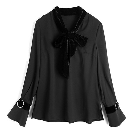 施悦名2019春季新款女装欧美时尚黑色衬衫气质喇叭长袖飘带套头上衣图片
