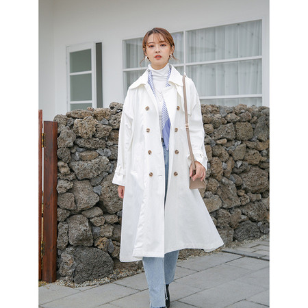 施悦名 风衣女2019春季韩版新品女装翻领长袖双排扣长款上衣纯色英伦外套