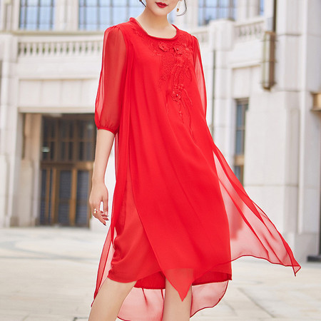 施悦名 中国风新款女装真丝圆领五分袖宽松中长款桑蚕丝连衣裙红色