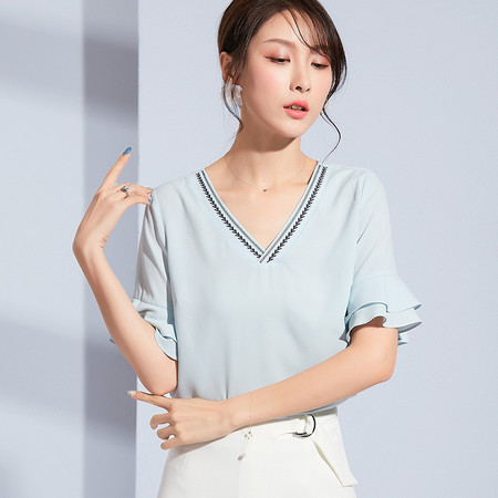 施悦名 韩版2019夏季新品女装V领双层荷叶袖上衣短袖雪纺衬衫女图片