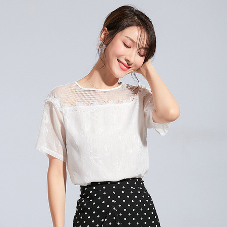 施悦名 2019夏季新款清凉韩版女装气质镂空蕾丝拼接提花雪纺短袖上衣女