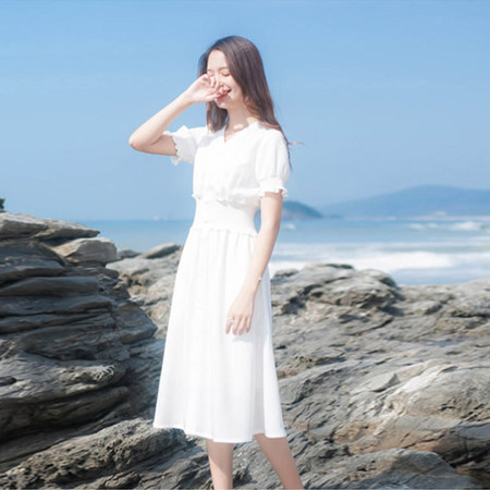施悦名 2019夏季新款法式复古裙过膝很仙的法国小众白色仙女裙连衣裙裙子图片