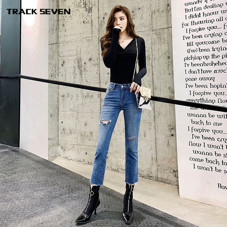 汤河店 TRACKSEVEN 春季新款韩版收腰显瘦百搭弹力破洞高腰牛仔直筒裤女