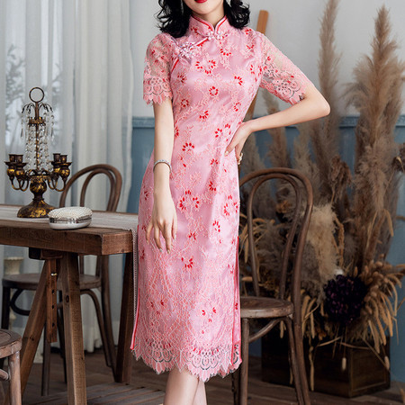 汤河店 2019夏季新款女气质中国风减龄蕾丝改良中长款旗袍图片