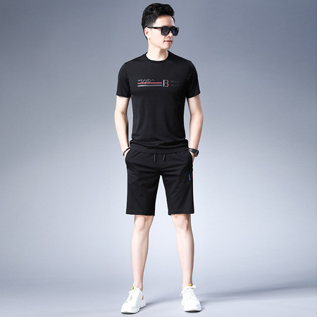 汤河之家 2019夏男士新款短袖T恤青年时尚休闲短裤男式两件套套装