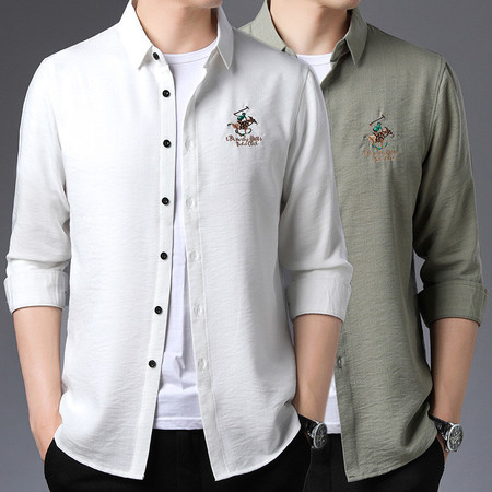 汤河之家 2020春夏季男薄款长袖纯色刺绣棉质衬衫图片