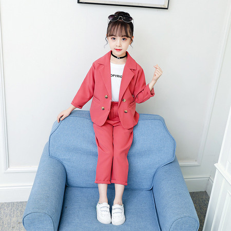 洋湖轩榭 女童西装三件套2020韩版洋气新款网红时髦春秋小西服套装中大女孩a